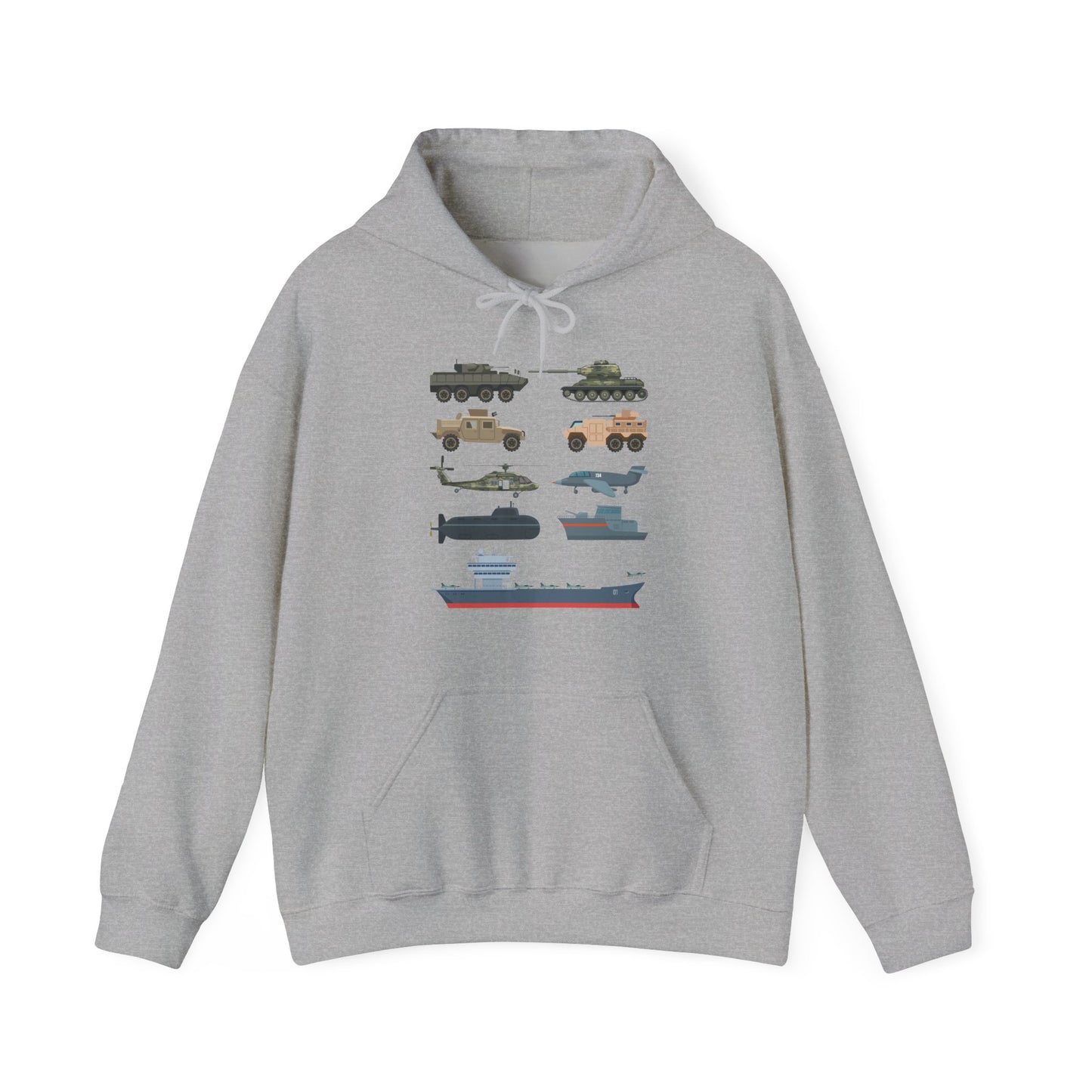 Military Vehicle Hoodie — Vintage Tanks, Planes & Aircraft Carrier Graphic Sweatshirt