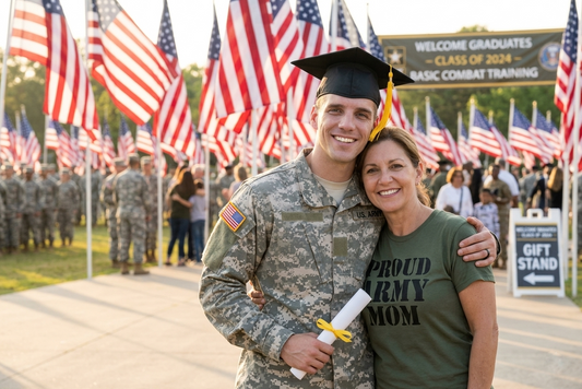 Military mom proudly attending her child's military graduation ceremony in uniform on the parade field