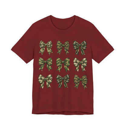 Camo Bow Pattern Tee — Women's Military-Inspired Bow Graphic T-Shirt