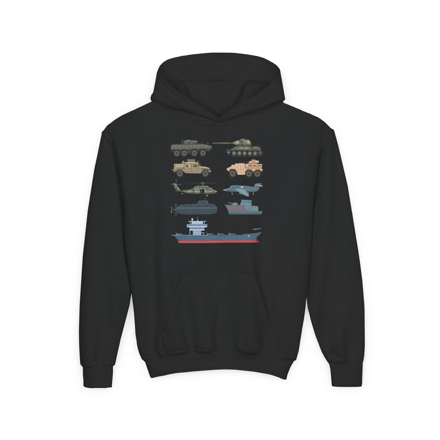 Youth Military Vehicles Hoodie | Tanks Helicopter Aircraft Carrier | Kids Gift
