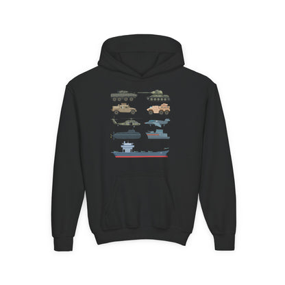 Youth Military Vehicles Hoodie | Tanks Helicopter Aircraft Carrier | Kids Gift