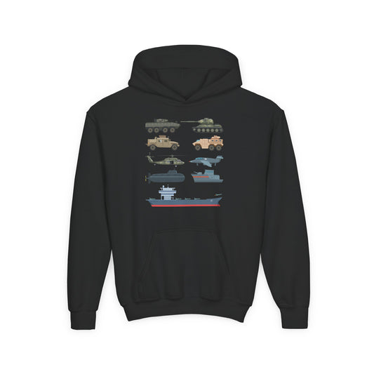 Youth Military Vehicles Hoodie | Tanks Helicopter Aircraft Carrier | Kids Gift