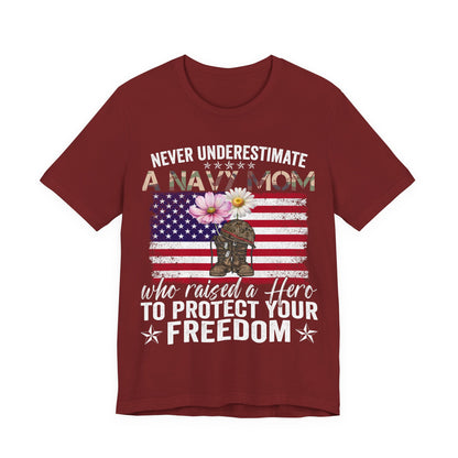 Navy Mom T-Shirt - "Never Underestimate a Navy Mom" Patriotic Flag Tee