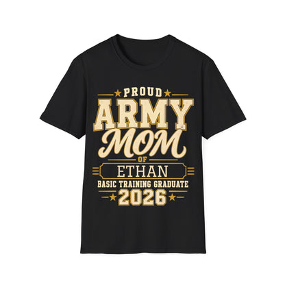 Personalized Army Mom Graduation T-Shirt with custom graduate name in black