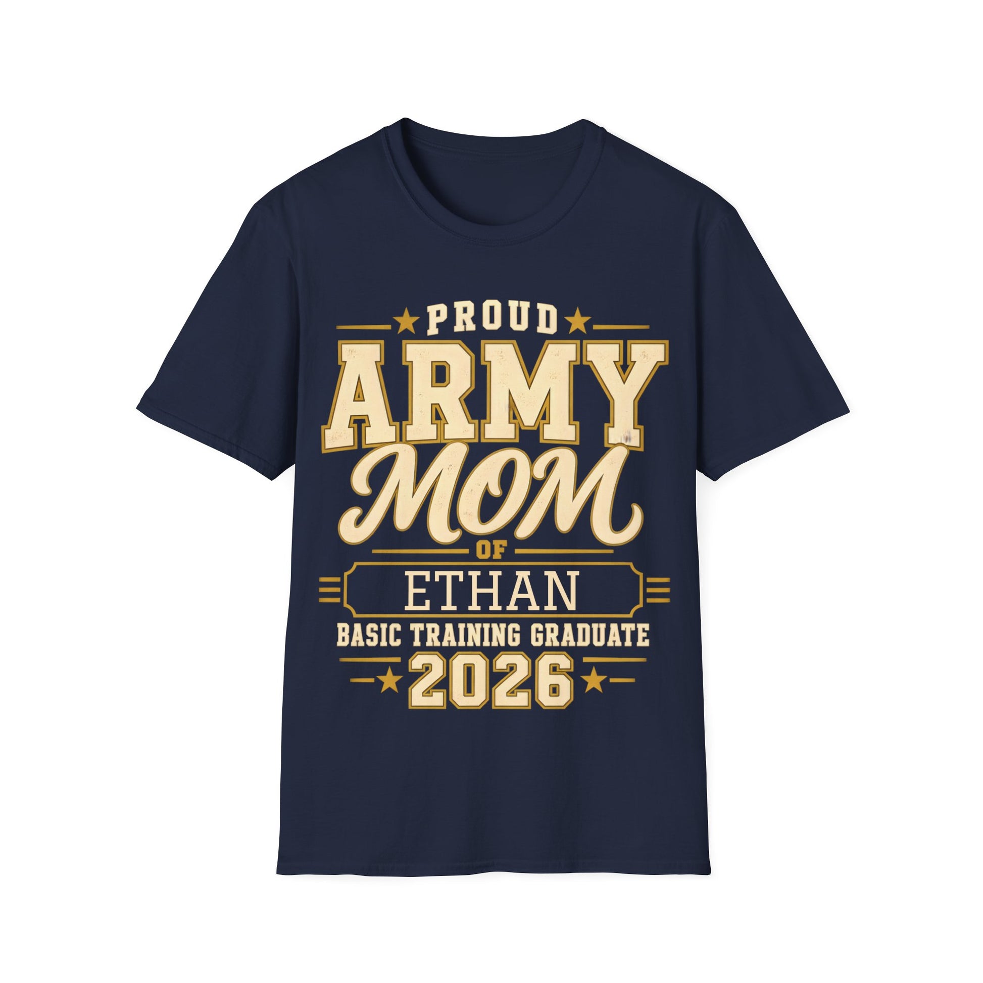 Custom Army Mom Graduation T-Shirt with graduate first name in navy