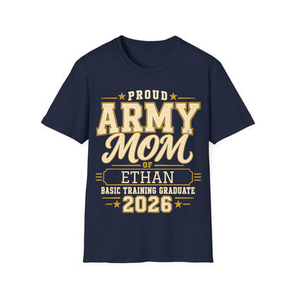 Custom Army Mom Graduation T-Shirt with graduate first name in navy