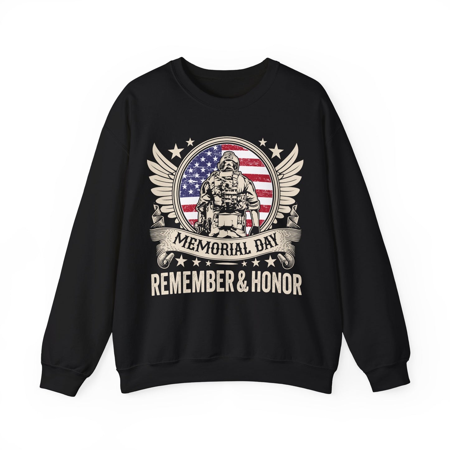 Memorial Day Sweatshirt - 'Remember & Honor' American Flag Soldier Crewneck