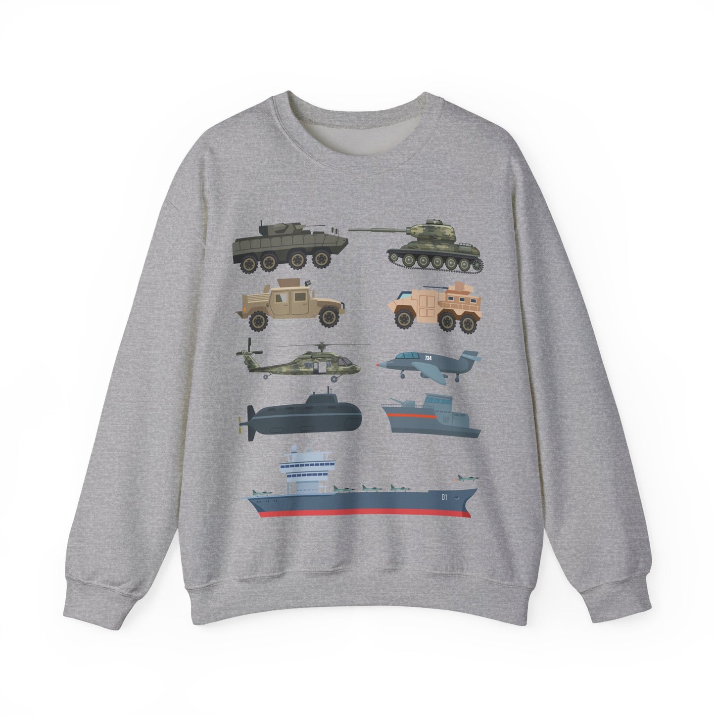 Military Vehicles Crewneck Sweatshirt — Tanks, Helicopter, Submarine & Aircraft Carrier Graphic