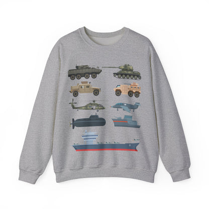 Military Vehicles Crewneck Sweatshirt — Tanks, Helicopter, Submarine & Aircraft Carrier Graphic