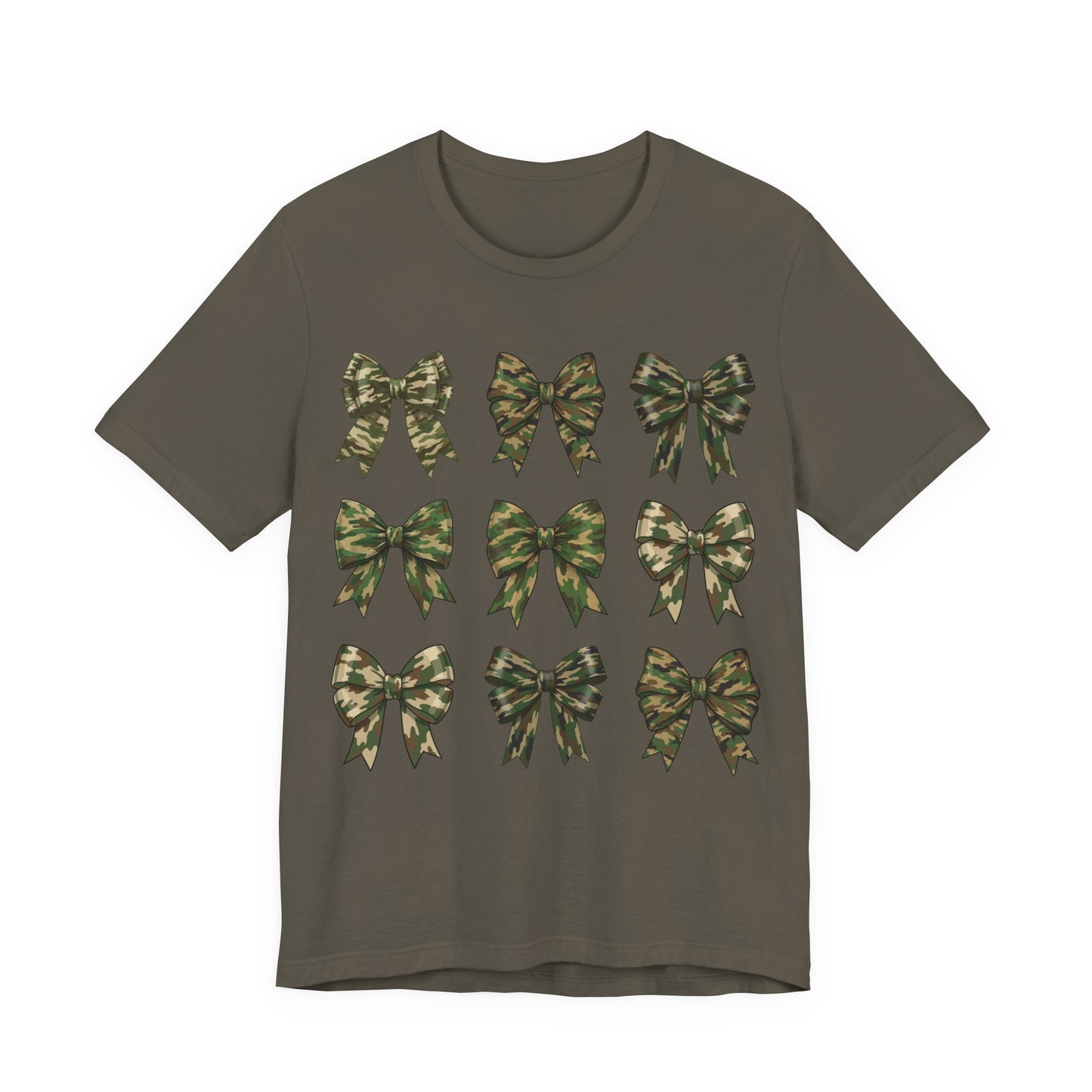 Camo Bow Pattern Tee — Women's Military-Inspired Bow Graphic T-Shirt