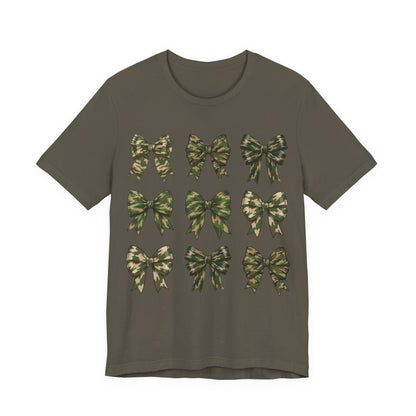 Camo Bow Pattern Tee — Women's Military-Inspired Bow Graphic T-Shirt