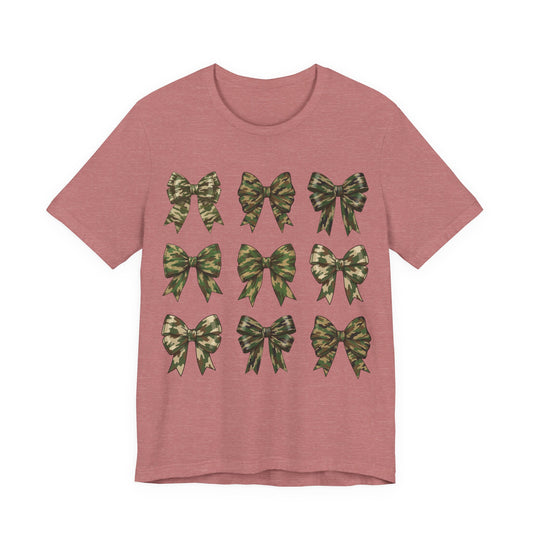 Camo Bow Pattern Tee — Women's Military-Inspired Bow Graphic T-Shirt