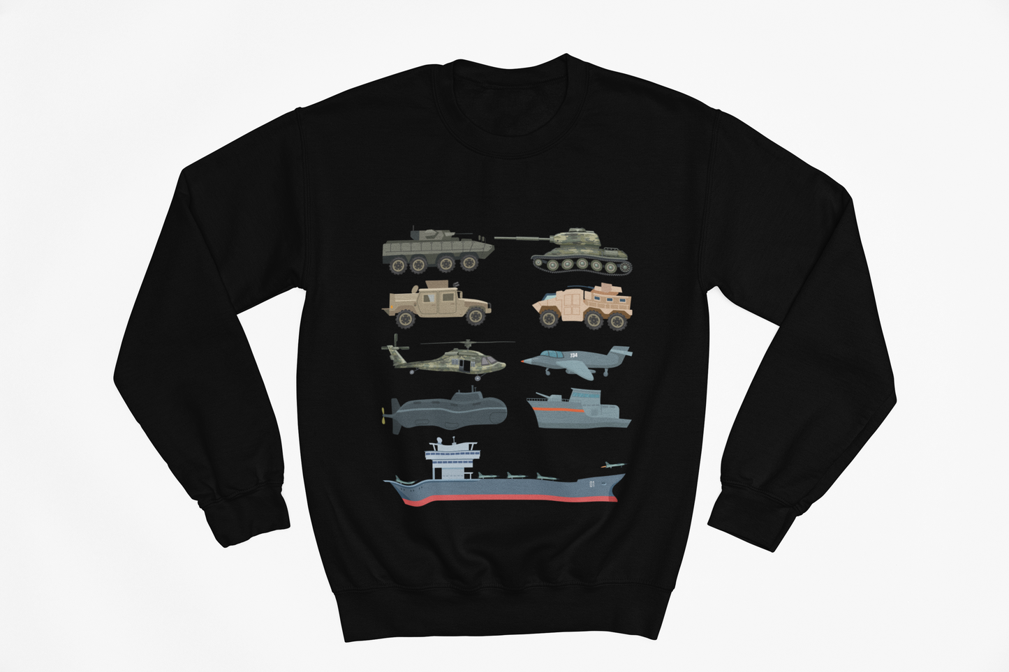 Military Vehicles Crewneck Sweatshirt — Tanks, Helicopter, Submarine & Aircraft Carrier Graphic