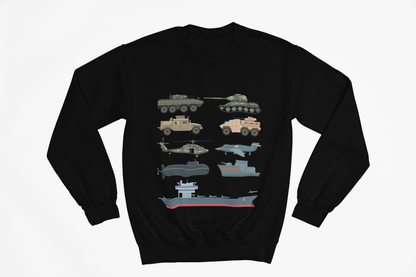 Military Vehicles Crewneck Sweatshirt — Tanks, Helicopter, Submarine & Aircraft Carrier Graphic