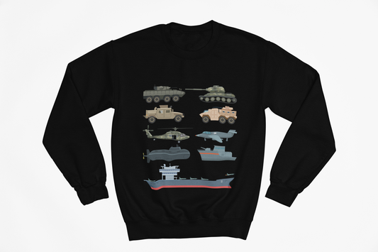 Military Vehicles Crewneck Sweatshirt — Tanks, Helicopter, Submarine & Aircraft Carrier Graphic