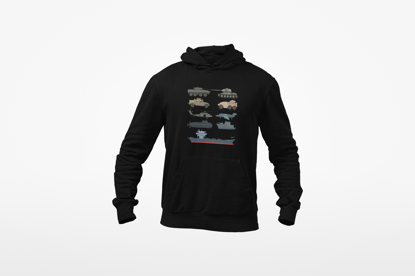 Military Vehicle Hoodie — Vintage Tanks, Planes & Aircraft Carrier Graphic Sweatshirt