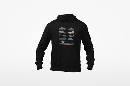 Military Vehicle Hoodie — Vintage Tanks, Planes & Aircraft Carrier Graphic Sweatshirt