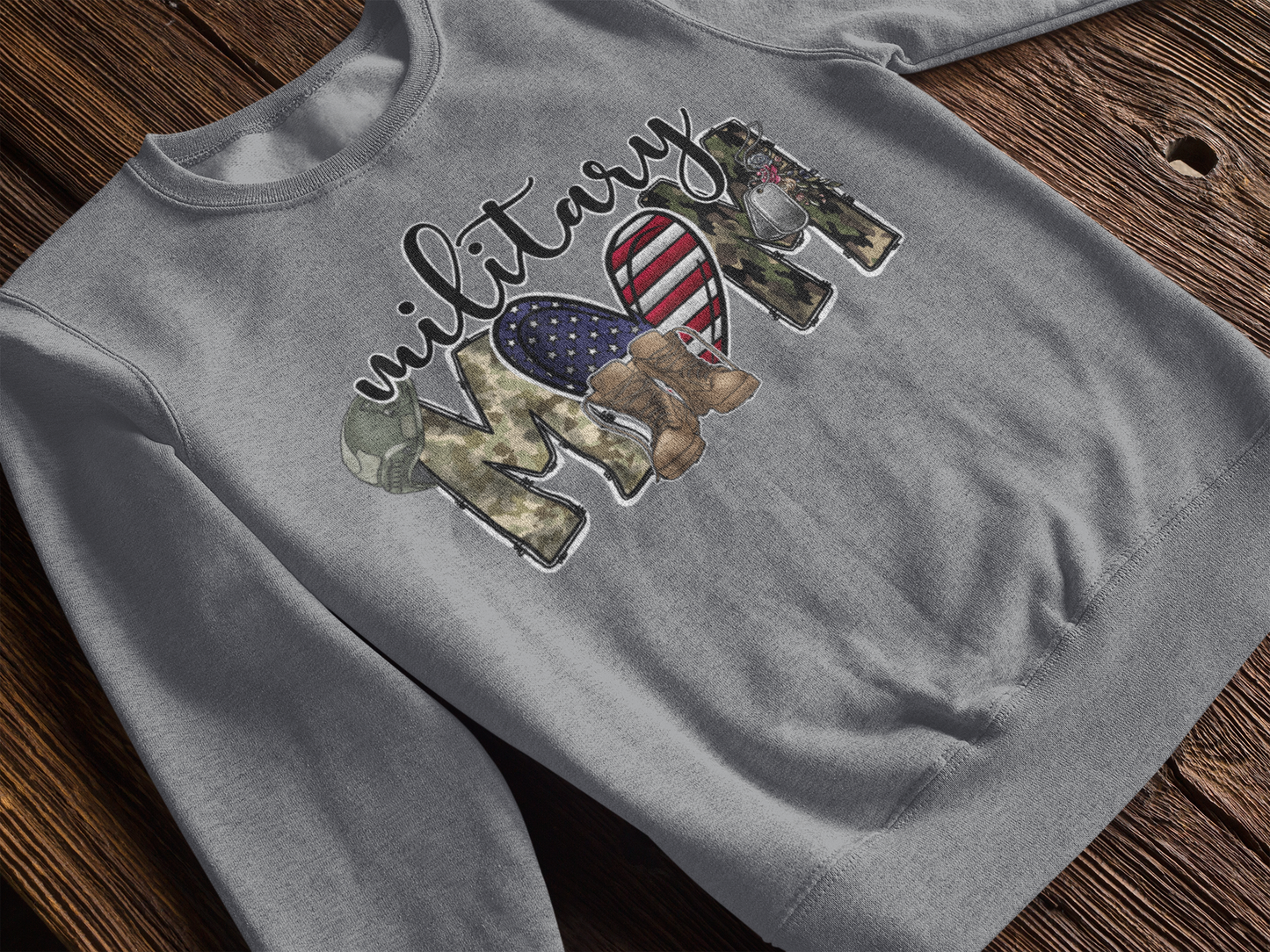 Military Mom Sweatshirt | Patriotic Camo Heart & Boots | Military Family Gift