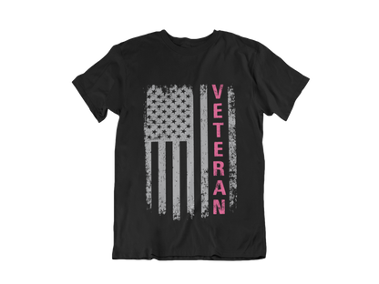 Women Veteran T-Shirt | Distressed Flag Pink Text | Patriotic Military Gift