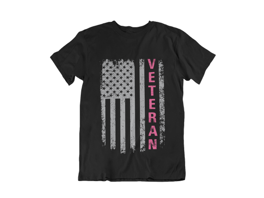Women Veteran T-Shirt | Distressed Flag Pink Text | Patriotic Military Gift