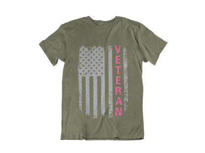 Women Veteran T-Shirt | Distressed Flag Pink Text | Patriotic Military Gift