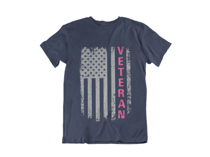 Women Veteran T-Shirt | Distressed Flag Pink Text | Patriotic Military Gift