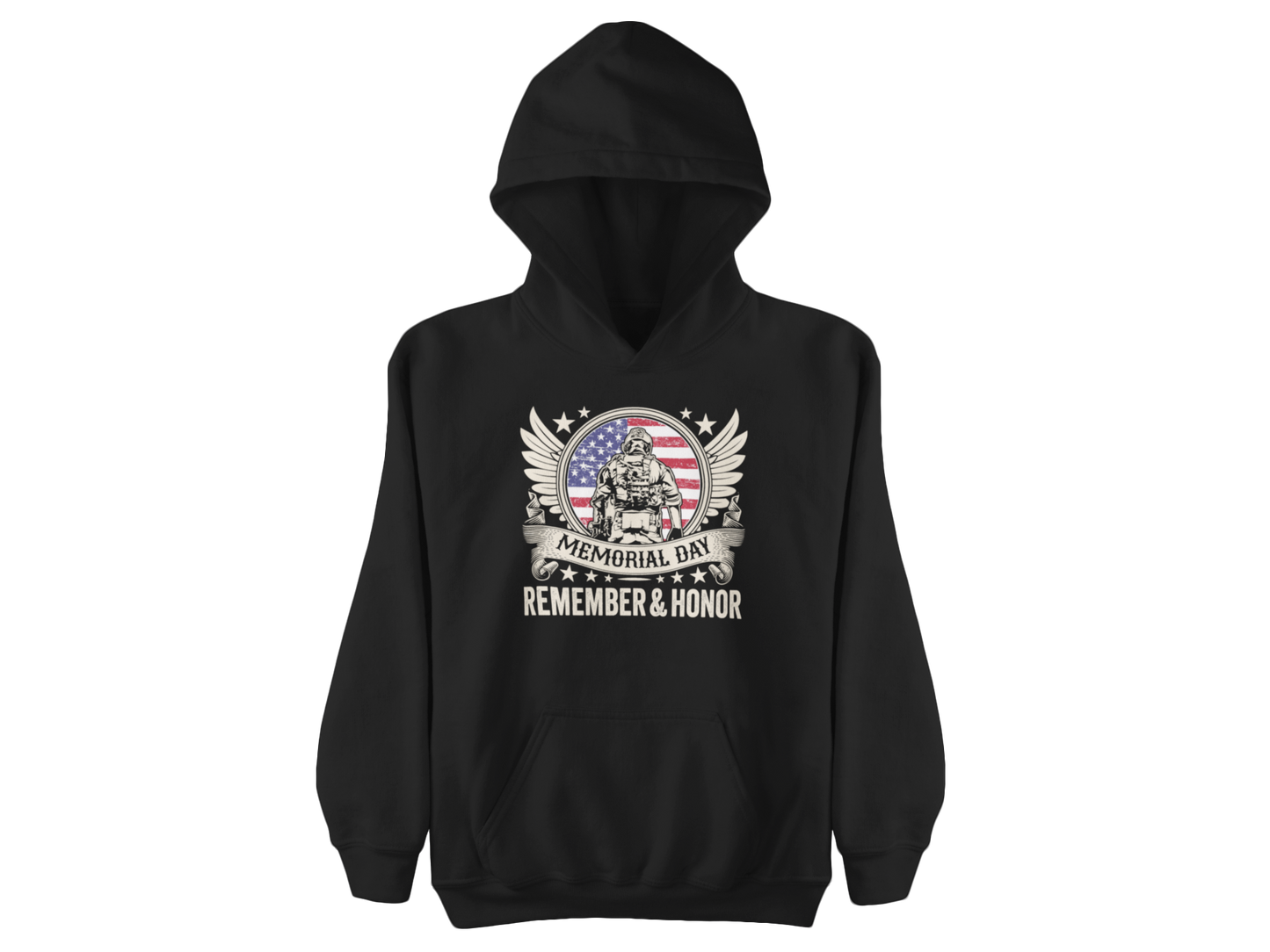 Memorial Day Hoodie - "Remember & Honor" American Flag Soldier Tribute