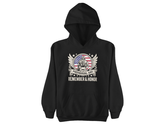 Memorial Day Hoodie - "Remember & Honor" American Flag Soldier Tribute