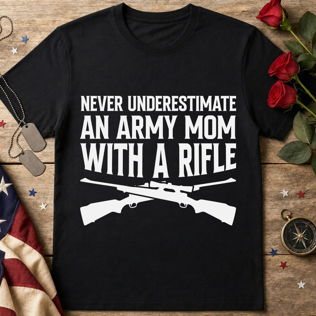 Army Mom Rifle T‑Shirt – "Never Underestimate an Army Mom with a Rifle" Military Mom Gift