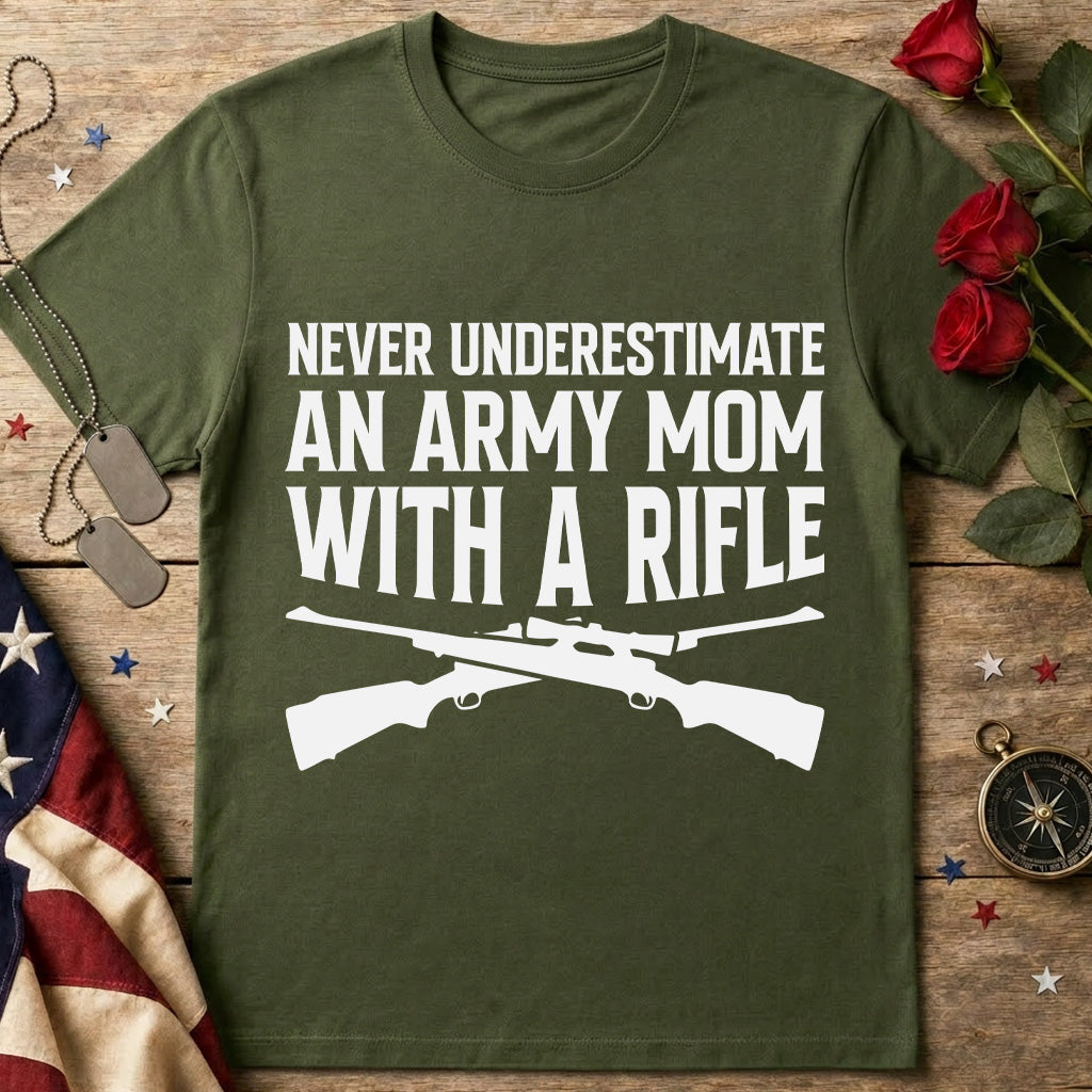 Army Mom Rifle T‑Shirt – "Never Underestimate an Army Mom with a Rifle" Military Mom Gift