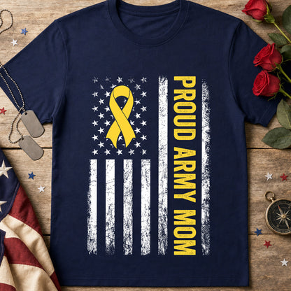 Army Mom T-Shirt – Proud Army Mom with Yellow Ribbon & American Flag