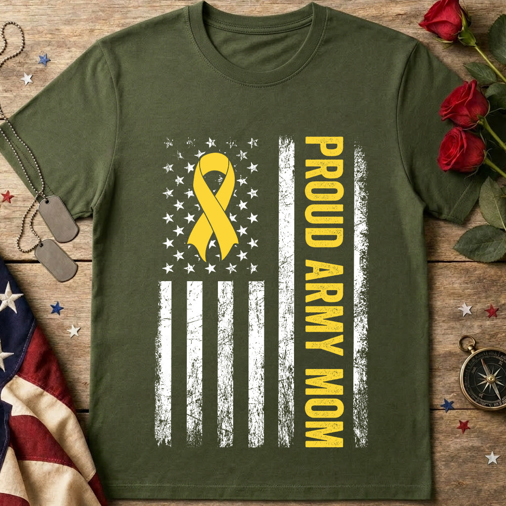 Army Mom T-Shirt – Proud Army Mom with Yellow Ribbon & American Flag
