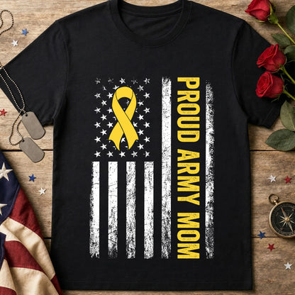 Army Mom T-Shirt – Proud Army Mom with Yellow Ribbon & American Flag