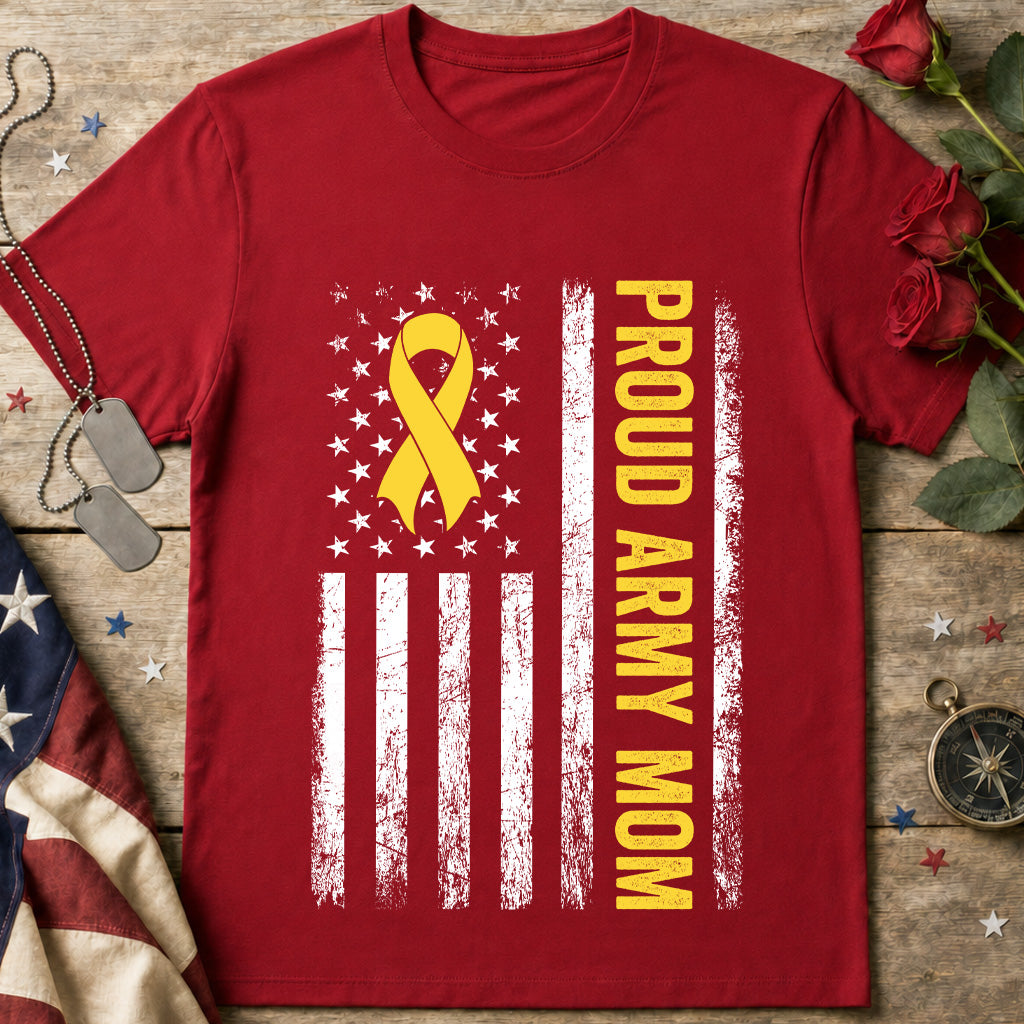 Army Mom T-Shirt – Proud Army Mom with Yellow Ribbon & American Flag