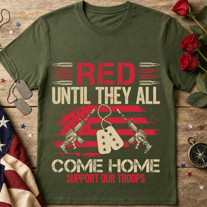 Support Our Troops Tee — "Red Until They All Come Home" Military Dog Tag Shirt