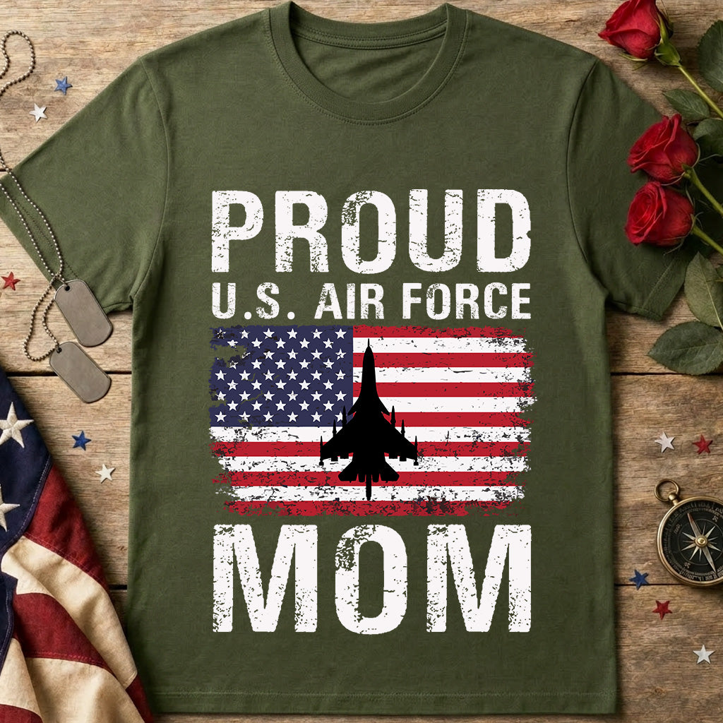 Proud U.S. Air Force Mom T-Shirt – American Flag Jet Military Mom Tee