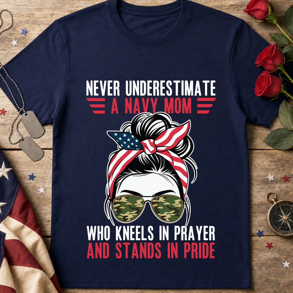 Never Underestimate a Navy Mom T-Shirt — Patriotic Military Mom Tee (American Flag Bandana)