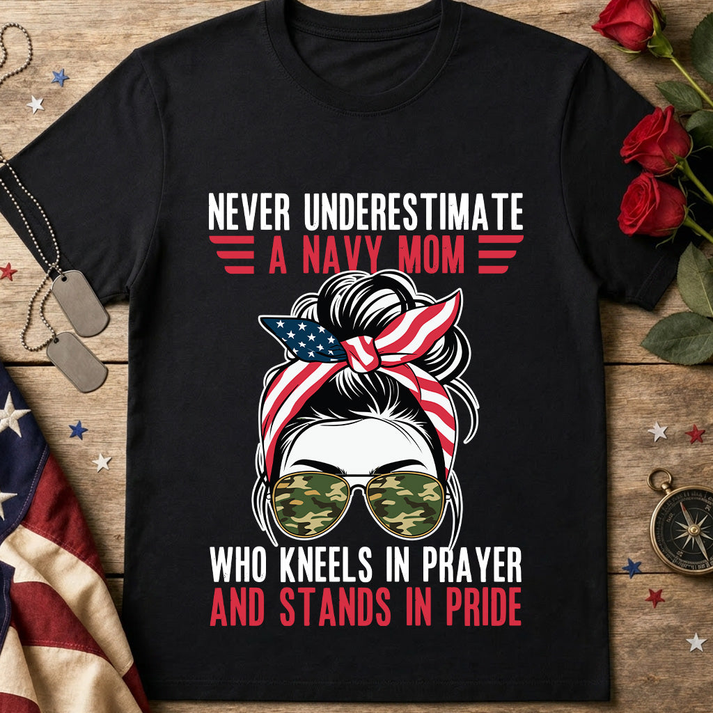 Never Underestimate a Navy Mom T-Shirt — Patriotic Military Mom Tee (American Flag Bandana)