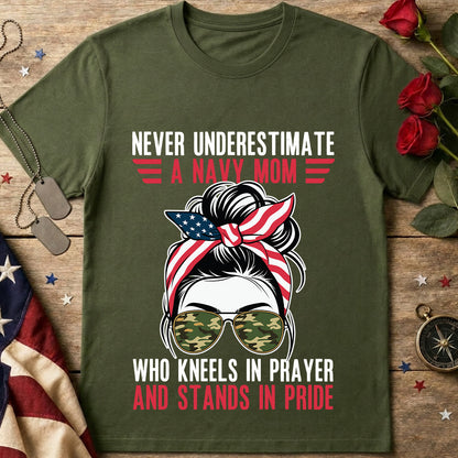 Never Underestimate a Navy Mom T-Shirt — Patriotic Military Mom Tee (American Flag Bandana)