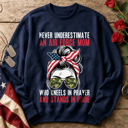 Air Force Mom Crewneck Sweatshirt — "Never Underestimate An Air Force Mom" Patriotic Military Pride
