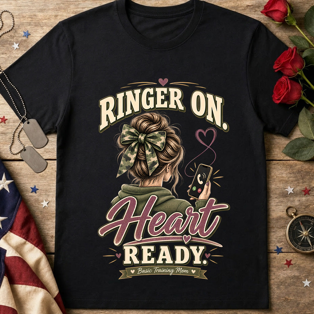 Ringer On Heart Ready Basic Training Mom T-Shirt with messy bun and camo bow design