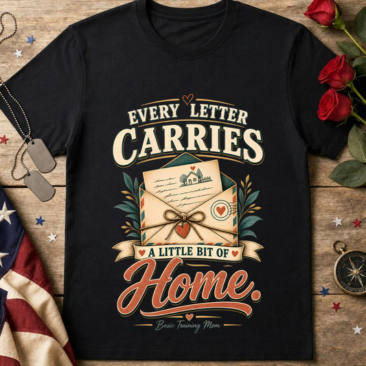 Every Letter Carries a Little Bit of Home Basic Training Mom T-Shirt with vintage letter and envelope design