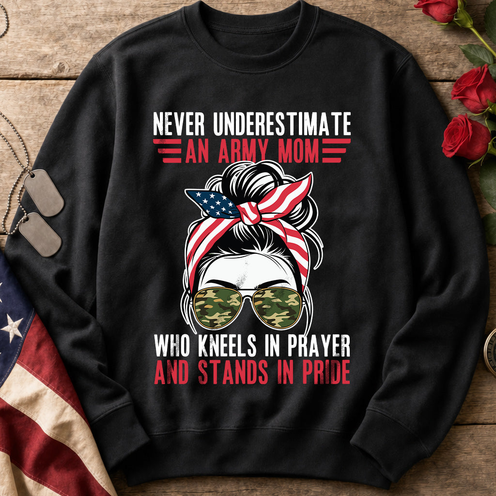 Never Underestimate an Army Mom black sweatshirt with messy bun, patriotic bandana and camo sunglasses design