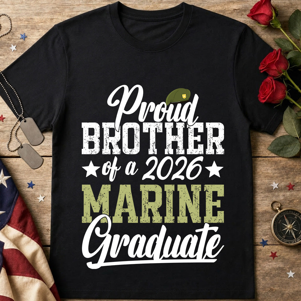Proud Brother of a 2026 Marine Graduate black T-Shirt with vintage olive and white graduation design