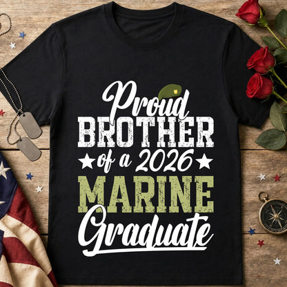 Proud Brother of a 2026 Marine Graduate black T-Shirt with vintage olive and white graduation design