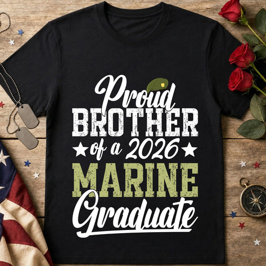 Proud Brother of a 2026 Marine Graduate black T-Shirt with vintage olive and white graduation design