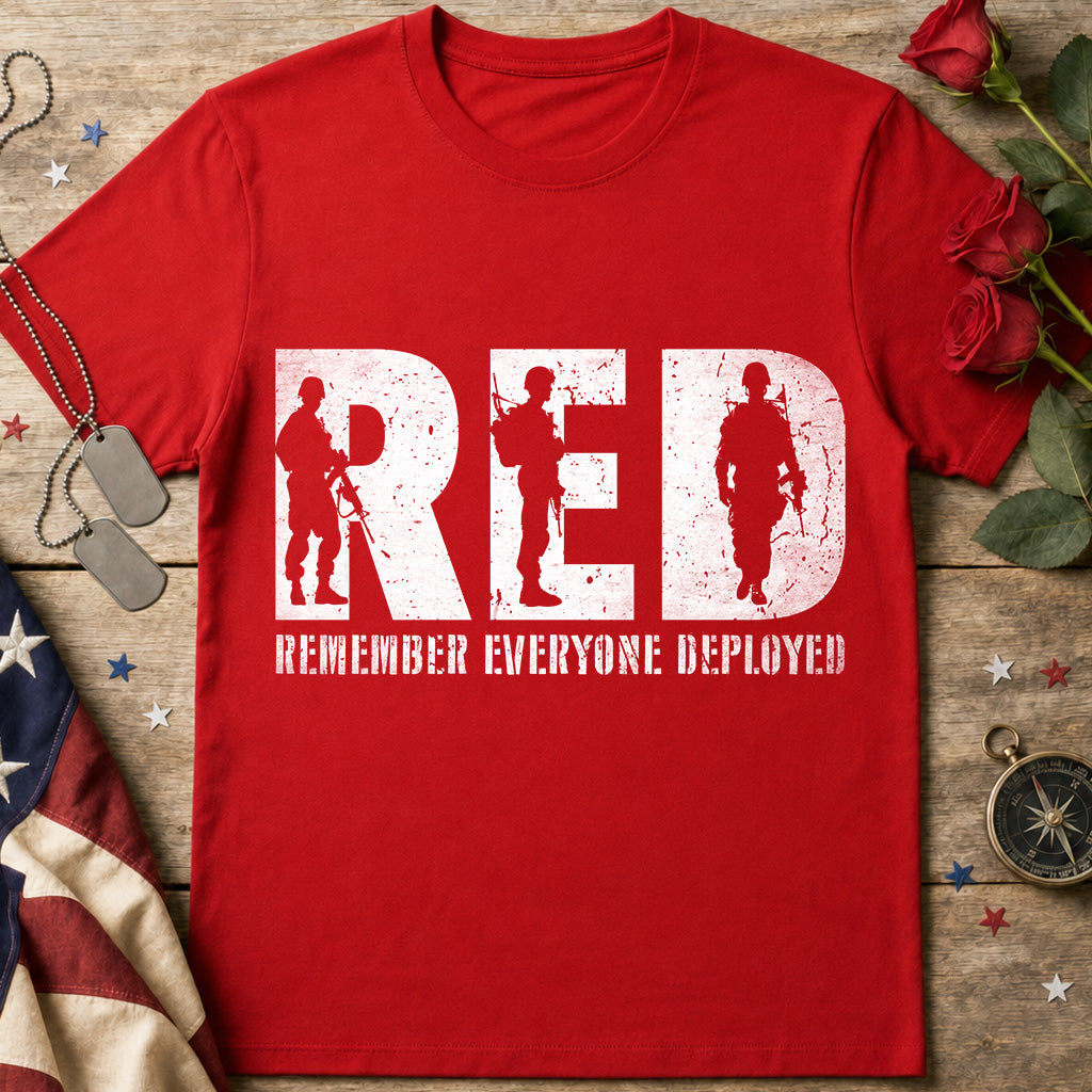 RED Remember Everyone Deployed red T-Shirt with distressed military silhouettes and RED Friday design