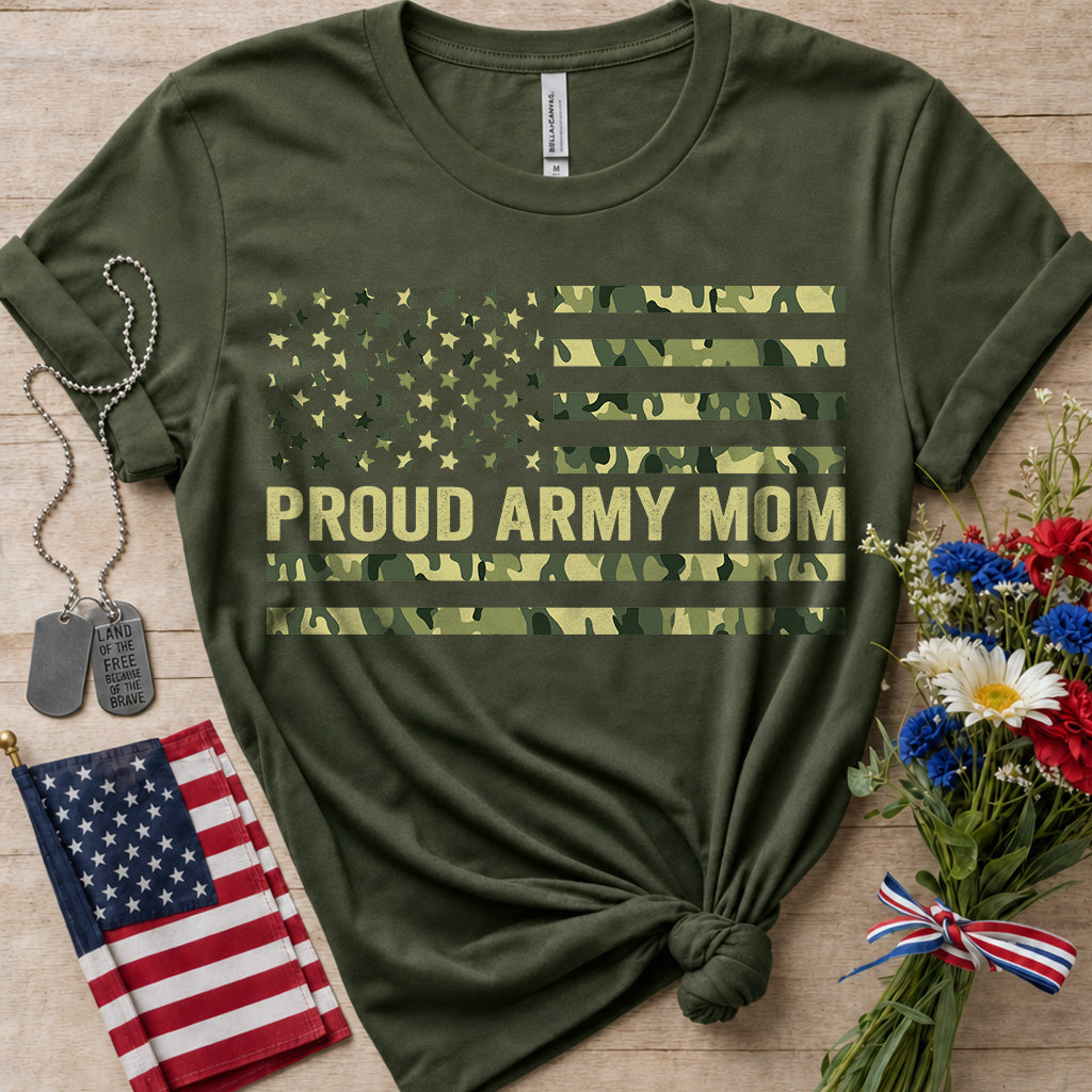 Proud Army Mom Camo Flag T-Shirt