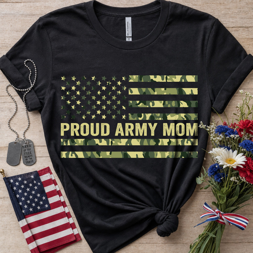 Proud Army Mom black T-Shirt with distressed green camouflage military-inspired flag design