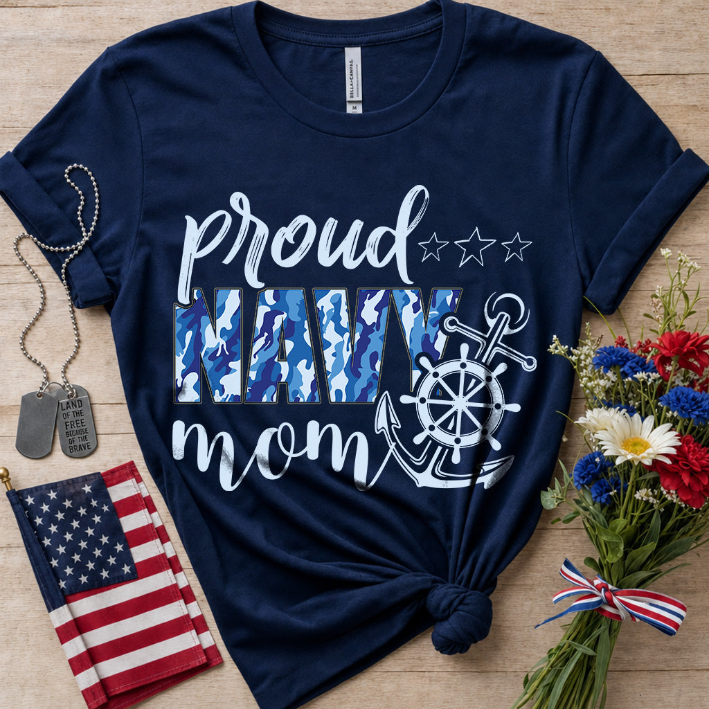 Proud Navy Mom navy T-Shirt with blue camouflage lettering, anchor and ship wheel design